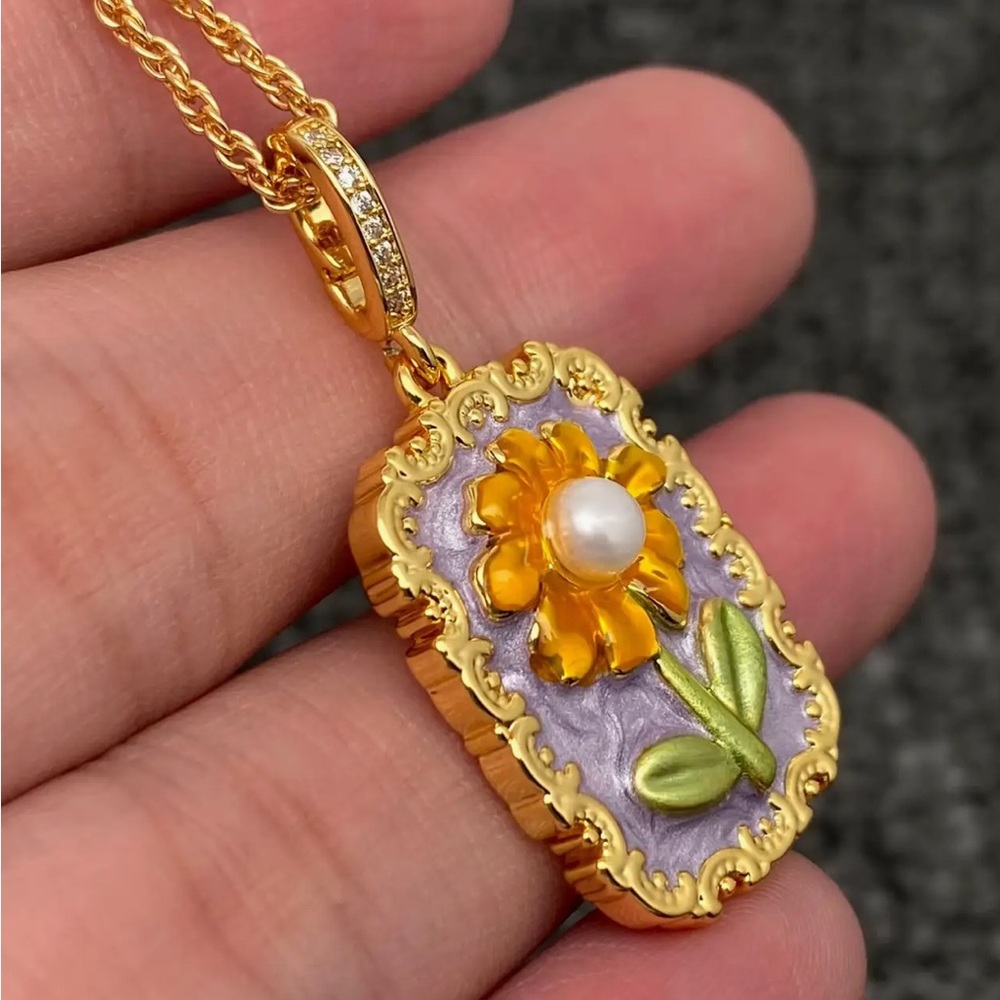 Gold Sunflower inlaid Pearl Art Pendant Necklace in Purple and Green. New. - Picture 5 of 15